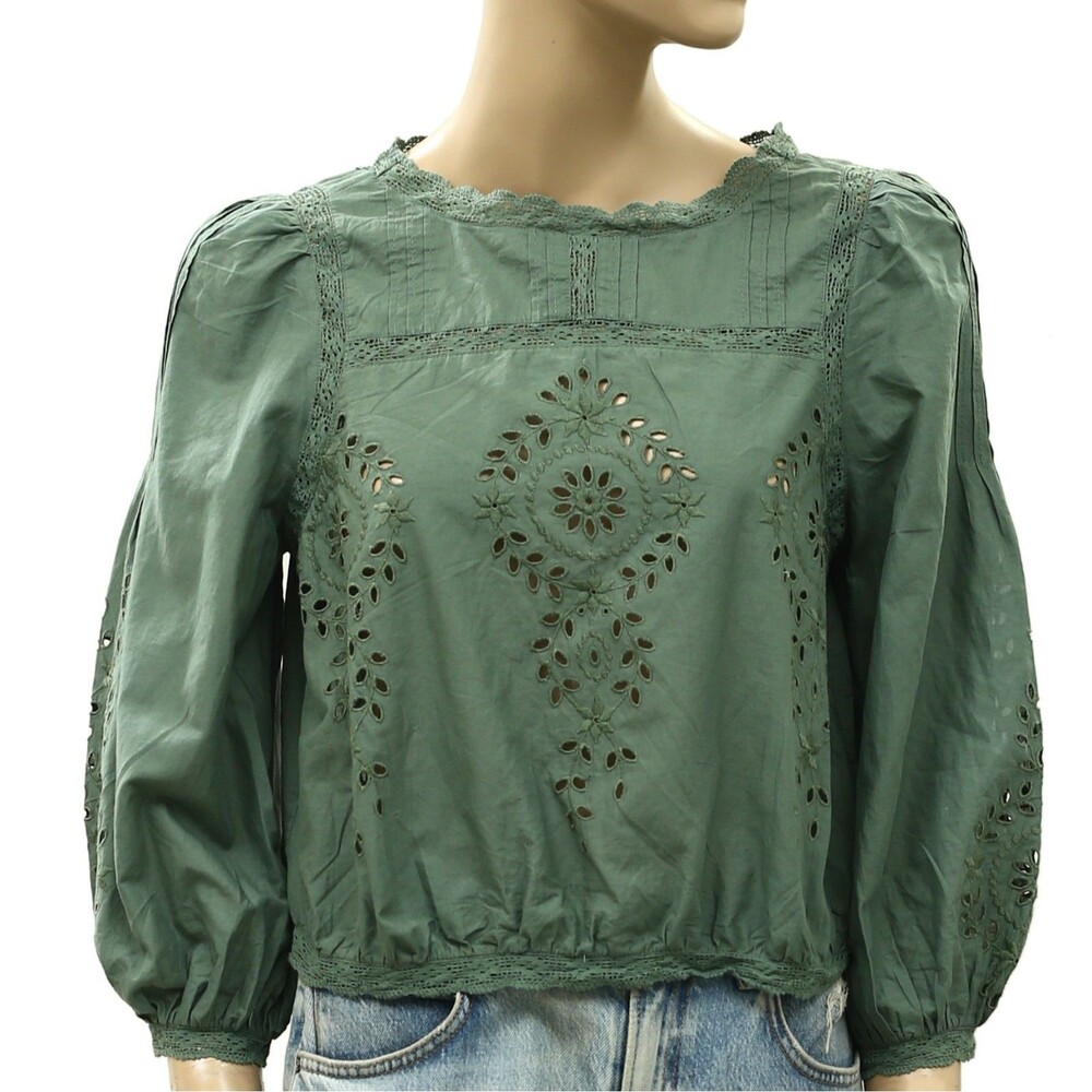Sezane Enea Blouse Women's Top Eyelet Lace Embroidered Cotton Sage S-36 288882 - Picture 6 of 9